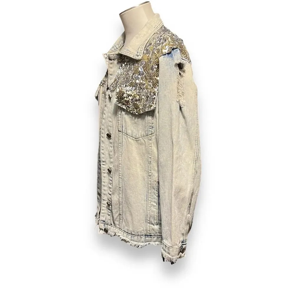 L&B Sequin Denim Jacket Distressed Acid Wash Gold Silver Medium